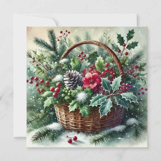 Christmas Forest Nature Berries Basket  Holiday Card (Front)