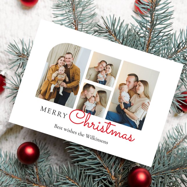 Christmas four family  photo collage modern  holiday card (modern minimalistic  four photo collage christmas card , red festive typography)