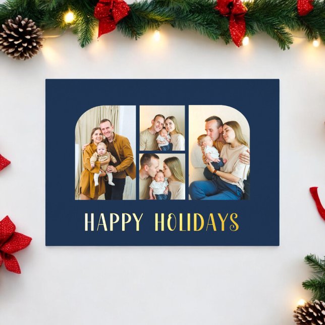 Christmas four family  photo minimlist  green  foil holiday card (real foil overlay christmas card saying happy holidays , fully editable xmas card)