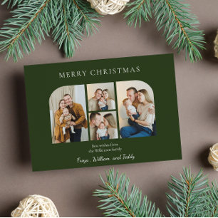 Christmas four family photo minimlist green holiday card