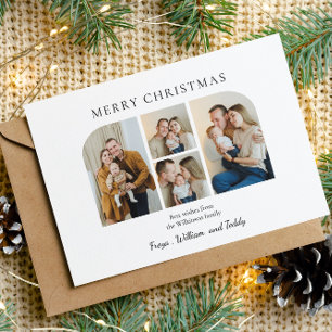 Christmas four family  photo minimlist  green  holiday card