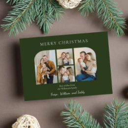 Christmas four family photo minimlist green holiday card