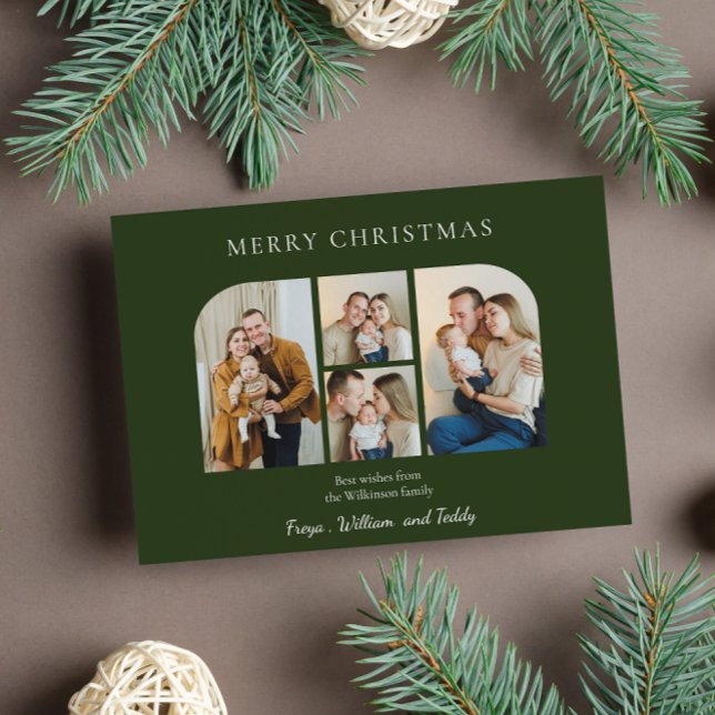 Christmas four family  photo minimlist  green  holiday card (stylish  minimal family photo collage forest green christmas holiday card , )