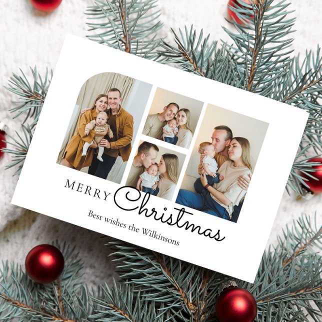Christmas four family  photo minimlist  holiday card (modern minimalistic four photo collage christmas card , black and white with red on the back. )