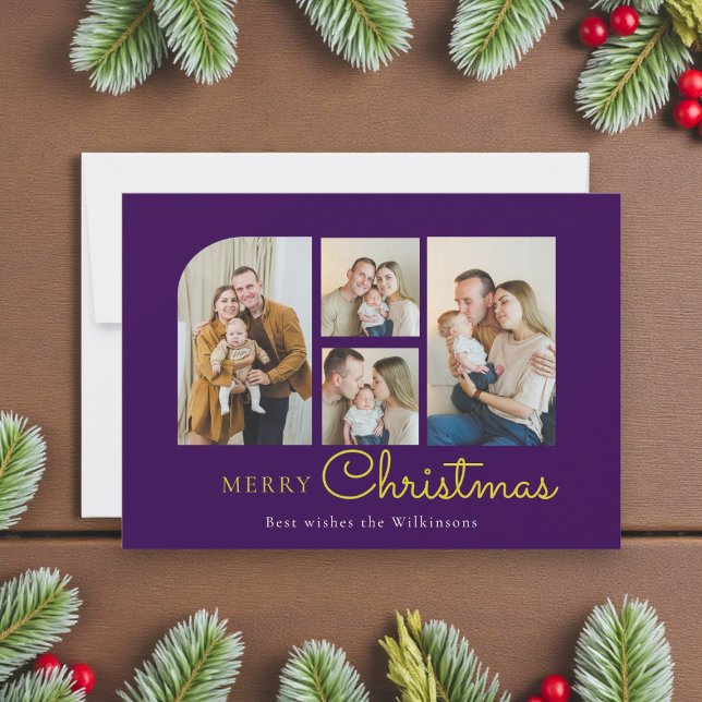 Christmas four photo purple gold christmas  holiday card (Creator Uploaded)