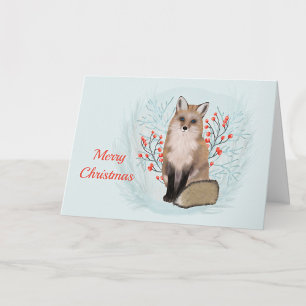 Christmas Fox Berries Watercolor Holiday Card