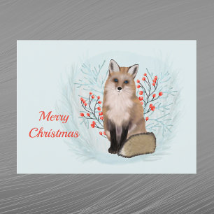 Christmas Fox Berries Watercolor Holiday Postcard
