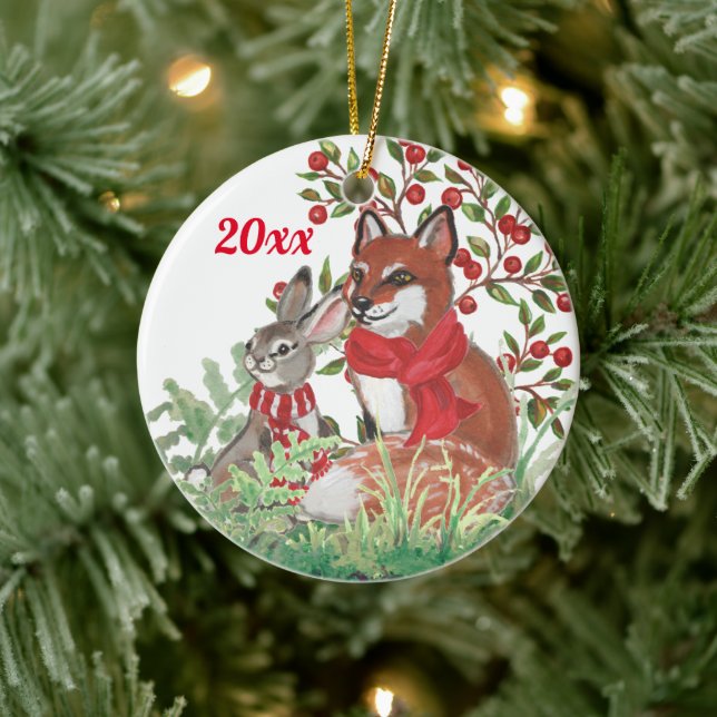 Christmas Fox Bunny Rabbit Botanical Red Berry Ceramic Ornament (Tree)