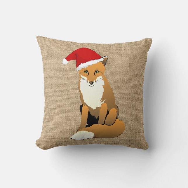 Christmas Fox on Faux Burlap Pillow (Front)