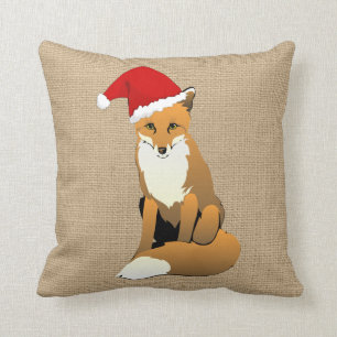 Christmas Fox on Faux Burlap Pillow