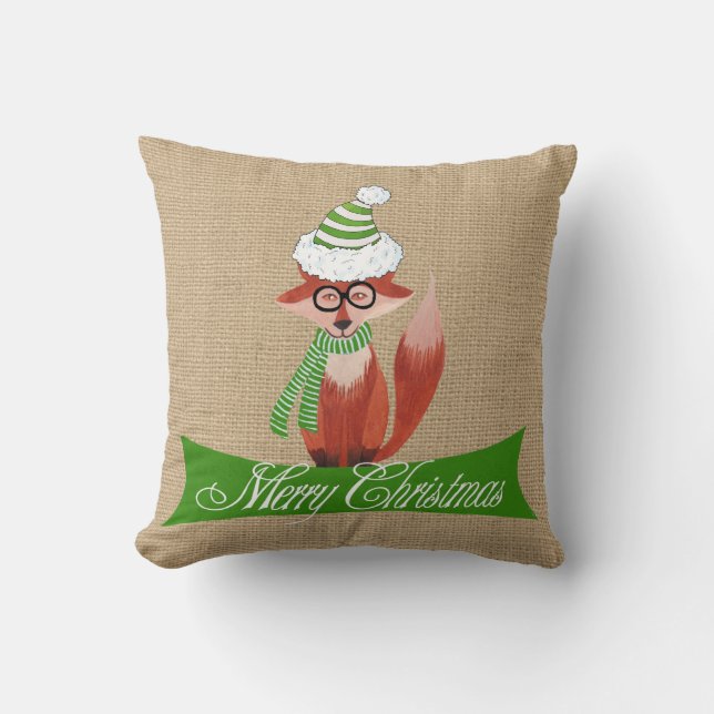Christmas Fox on Faux Burlap Pillow (Front)