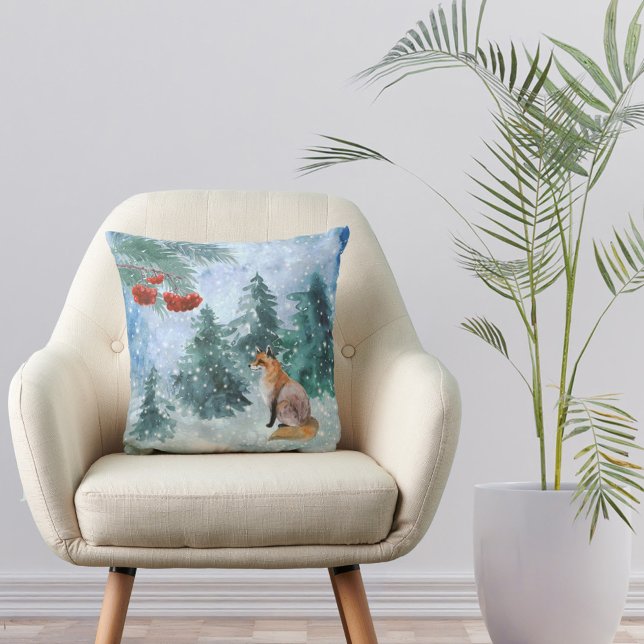 Christmas Fox Red Berries Landscape Watercolor Cushion (Creator Uploaded)
