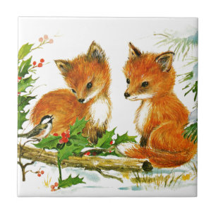 Christmas Foxes Ceramic Tile