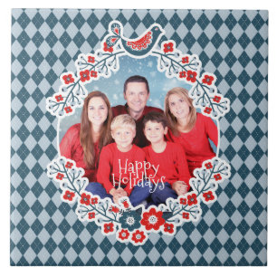 Christmas Frame Add Your Photo Winter Bird Wreath Ceramic Tile