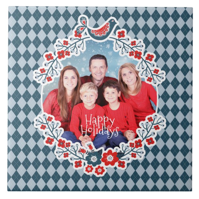 Christmas Frame Add Your Photo Winter Bird Wreath Ceramic Tile (Front)