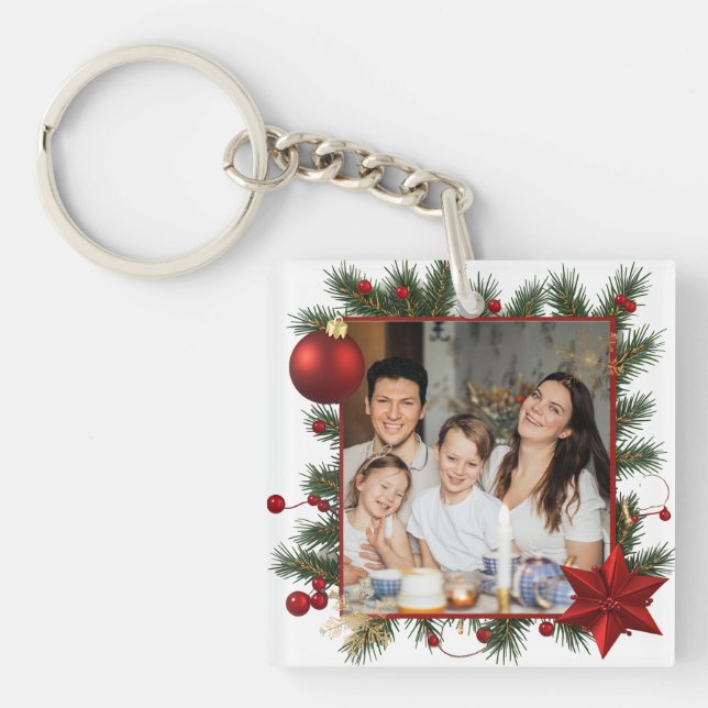 Christmas Frame with Red Star  Photo Family 2026 Key Ring (Front)