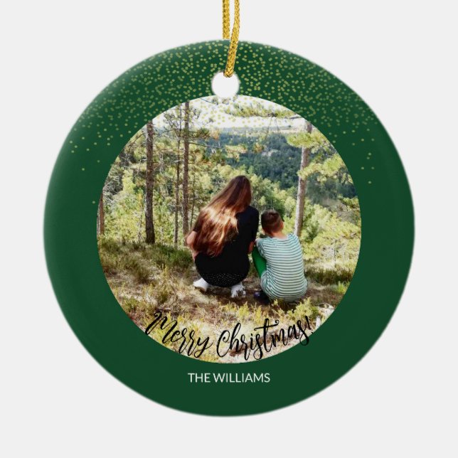 Christmas Framed Photo Forest Green Glitter Ceramic Ornament (Front)