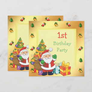 Christmas Framed Santa & Gifts 1st Birthday Invitation