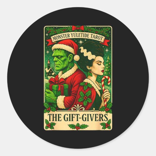 Christmas Frankenstein And Bride The Lovers Tarot  Classic Round Sticker (Front)