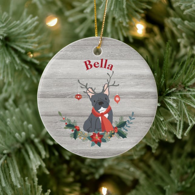 Christmas French Bulldog Antlers & Rustic Greenery Ceramic Ornament (Tree)