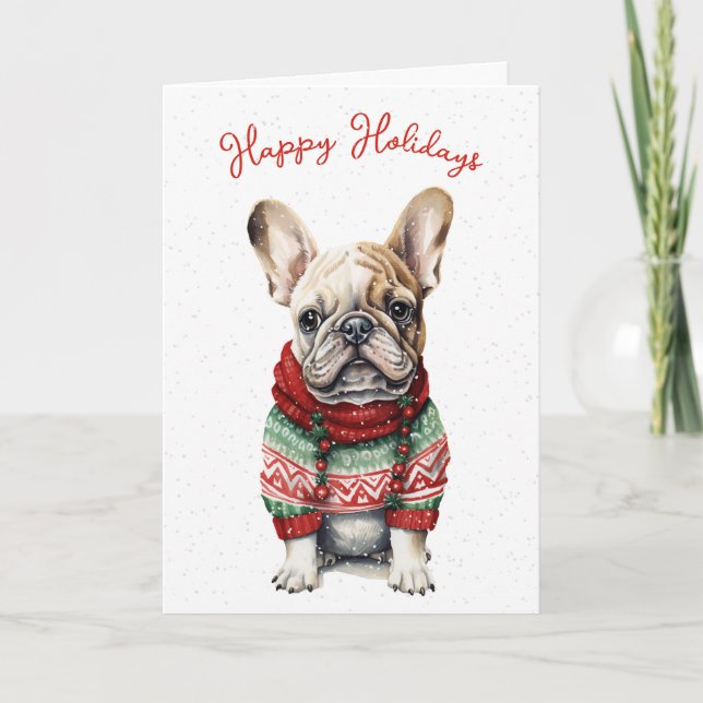 Christmas French Bulldog In Snowflakes Holiday Card (Front)