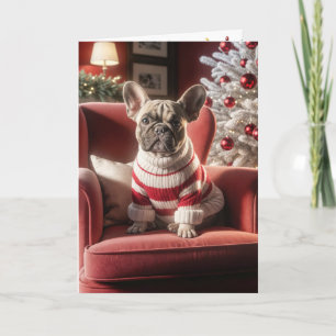 Christmas French Bulldog On a Red Chair Card