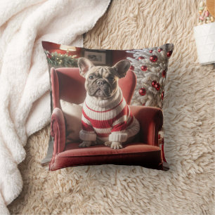 Christmas French Bulldog On a Red Chair Cushion