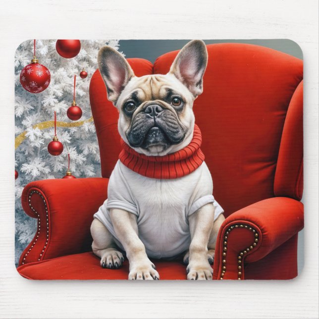 Christmas French Bulldog On a Red Chair Mouse Pad (Front)