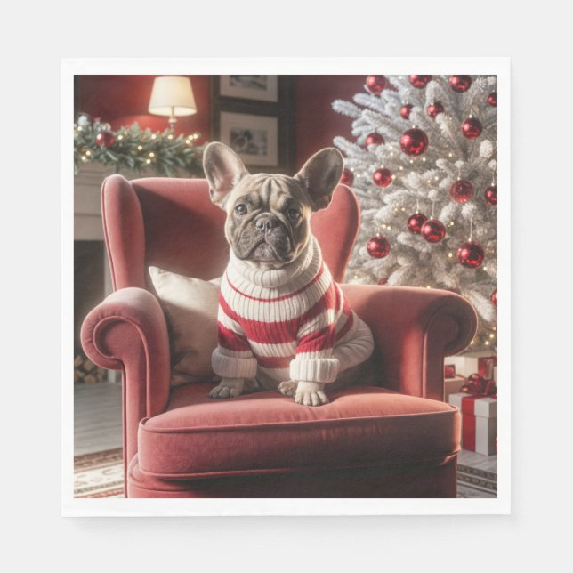 Christmas French Bulldog On a Red Chair Napkin (Front)