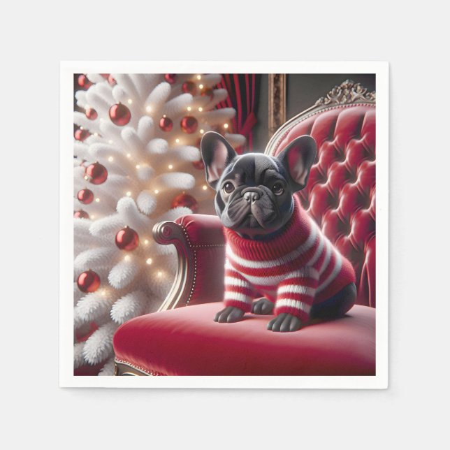 Christmas French Bulldog On Red Chair Napkin (Front)