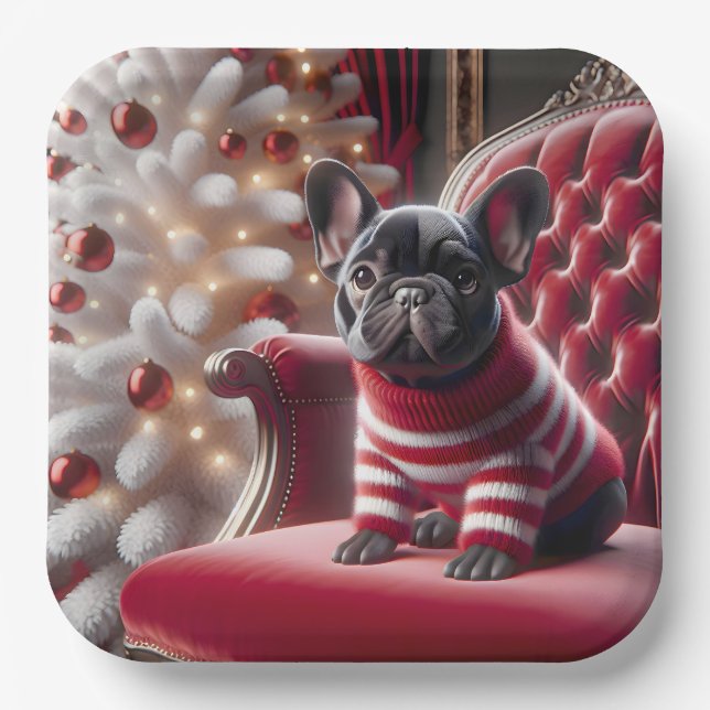 Christmas French Bulldog On Red Chair Paper Plate (Front)