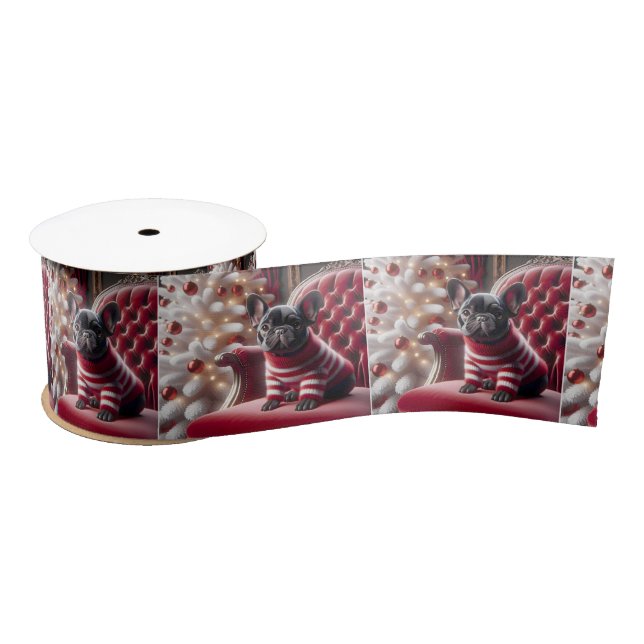 Christmas French Bulldog On Red Chair Satin Ribbon (Spool)