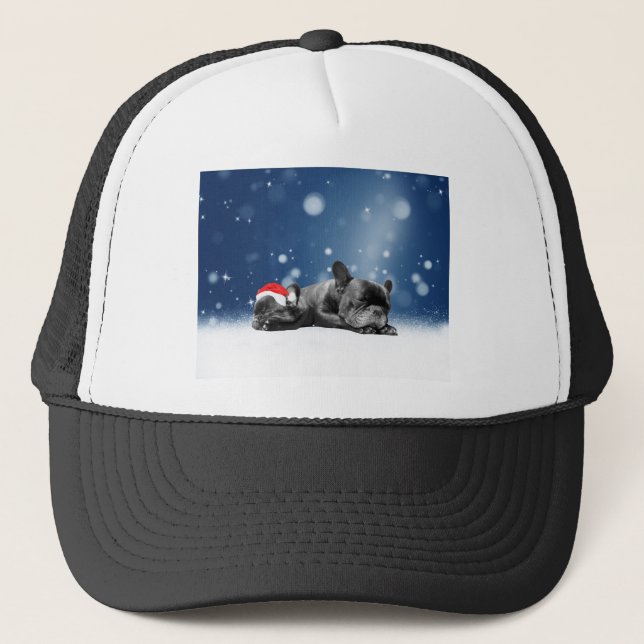 Christmas French Bulldog Puppies snow santa hat (Front)