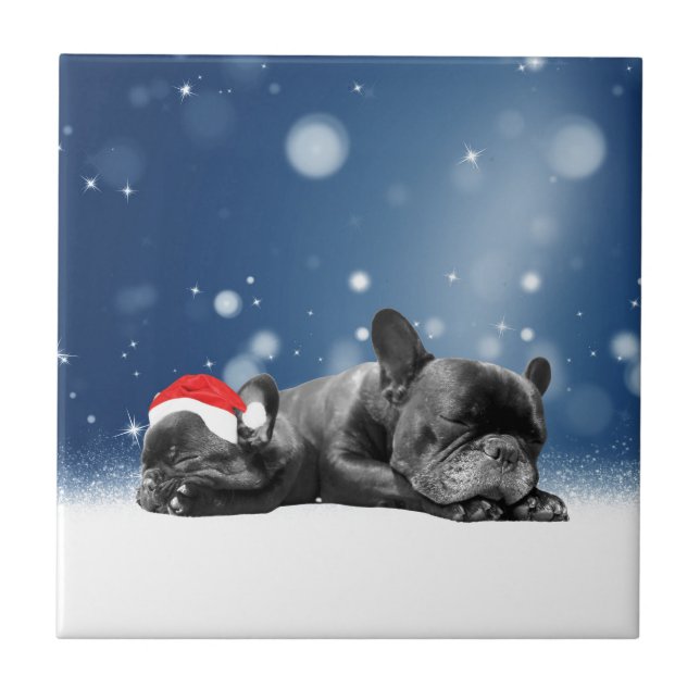 Christmas French Bulldog Puppies snow santa hat Ceramic Tile (Front)