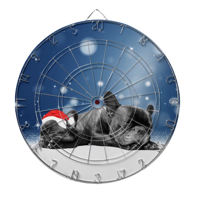 Christmas French Bulldog Puppies snow santa hat Dartboard (Front)