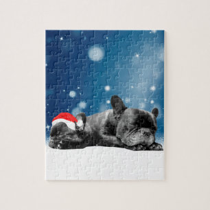 Christmas French Bulldog Puppies snow santa hat Jigsaw Puzzle
