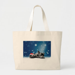 Christmas French Bulldog Puppies snow santa hat Large Tote Bag