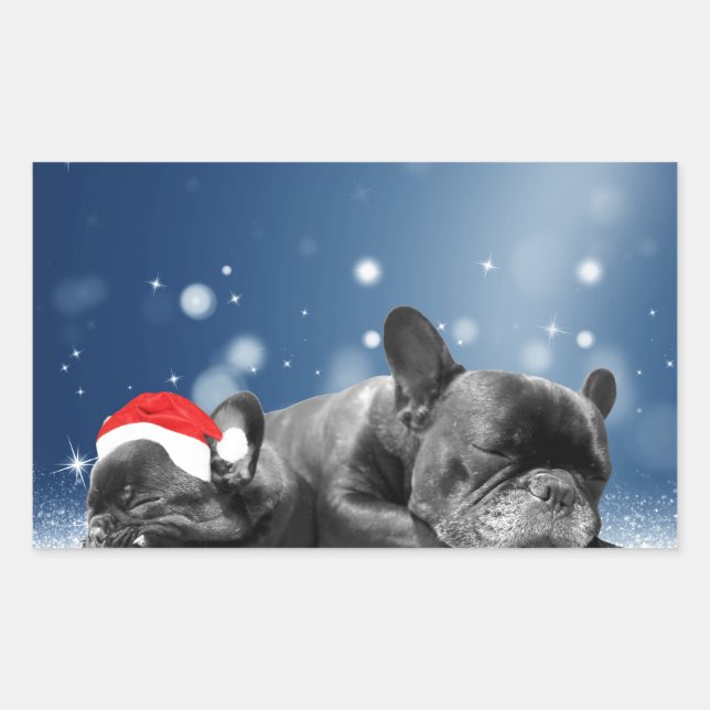 Christmas French Bulldog Puppies snow santa hat Rectangular Sticker (Front)