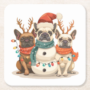 Christmas French Bulldog Reindeer Dogs Square Paper Coaster