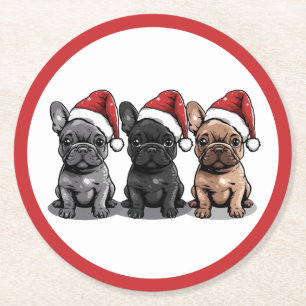 Christmas French Bulldog Santa Dog Round Paper Coaster