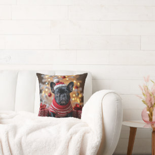 Christmas French Bulldog With Santa Hat Cushion