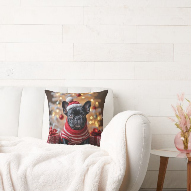 Christmas French Bulldog With Santa Hat Cushion (Couch)