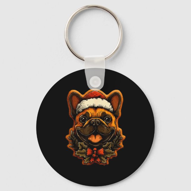 Christmas French Bulldog With Santa Hat Gingerbrea Key Ring (Front)