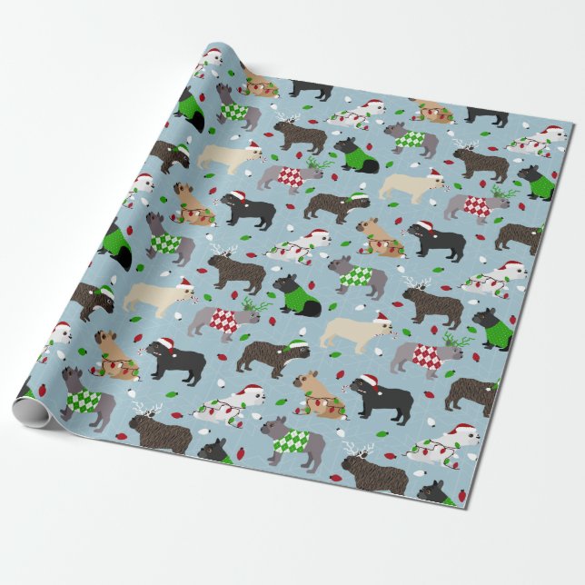Christmas French Bulldog Wrapping Paper (Unrolled)