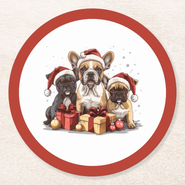 Christmas French Bulldogs Santa Hat Round Paper Coaster (Front)