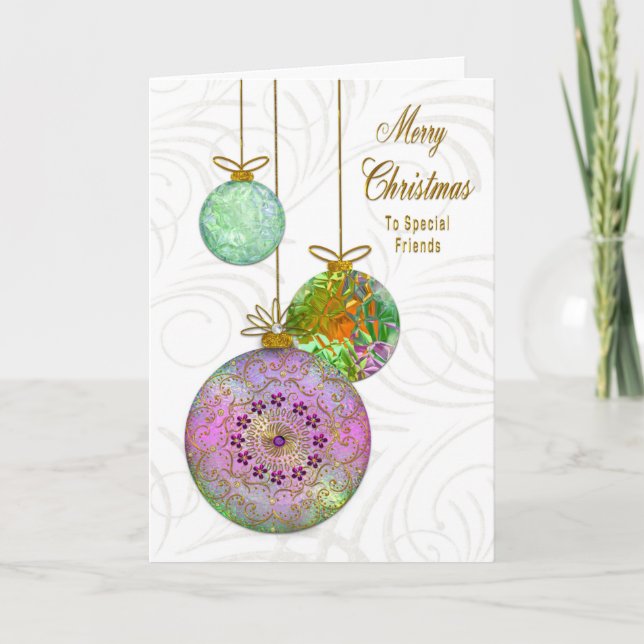 Christmas Friends Fancy Colourful Tree Ornaments Holiday Card (Front)