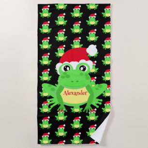Christmas Frog Santa Hat Pattern Black Novelty Beach Towel
