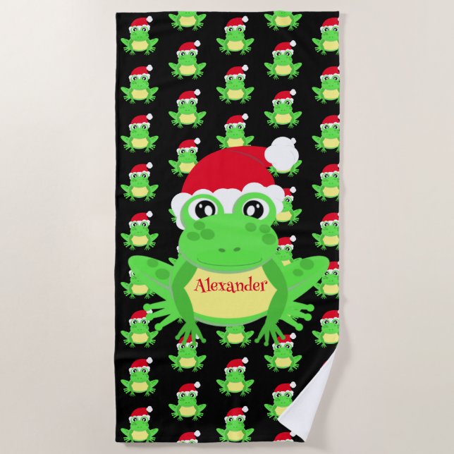 Christmas Frog Santa Hat Pattern Black Novelty  Beach Towel (Front)