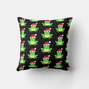Christmas Frog Santa Hat Pattern Black Novelty Cushion