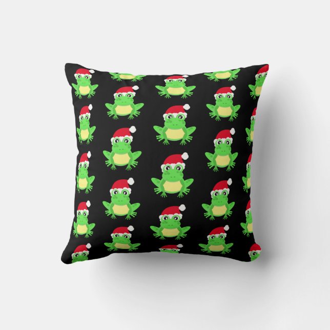 Christmas Frog Santa Hat Pattern Black Novelty Cushion (Back)